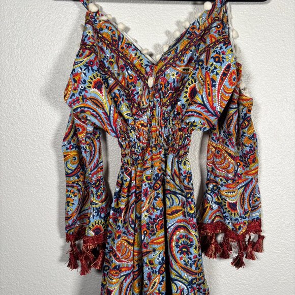 Womens Multicolor Paisley Print Cold Shoulder Long Sleeve Tassel Hem Midi Dress - Picture 3 of 9